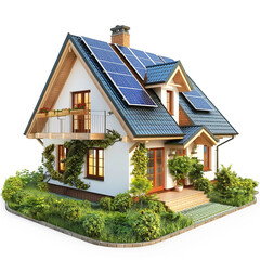 Eco-Friendly House with Solar Roof on White Background.