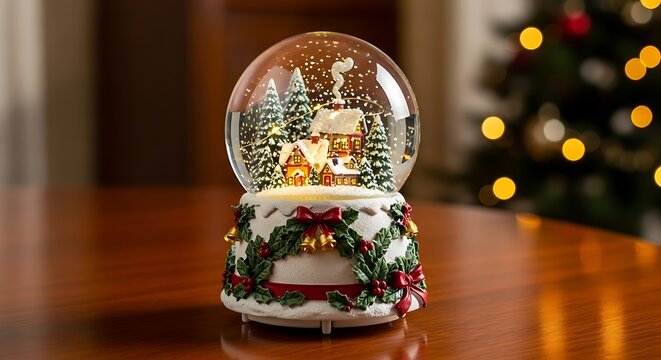 Decorative Christmas Snow Globe with Miniature Village on Wooden Table