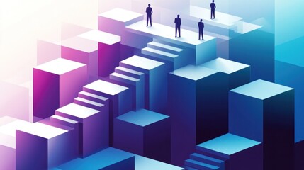 Abstract illustration of a metaphorical journey towards success, with people standing on steps formed by colorful cubes