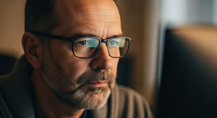 Focused businessman wearing glasses working late at night, intense concentration on screen