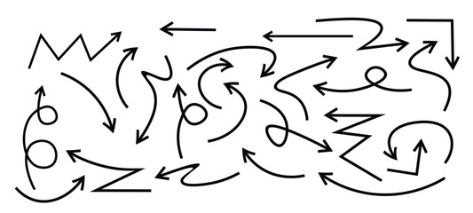 Set of simple lines hand drawn black arrows in various style. Set of simple of hand drawn black arrows. Set of simple lines hand drawn black arrows. Various of simple lines arrows collection