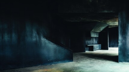 Dark Moody Interior with Textured Walls and Geometric Structures image photo