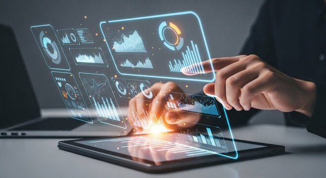 Professional analyzes dynamic financial data using a modern digital interface for business growth insights