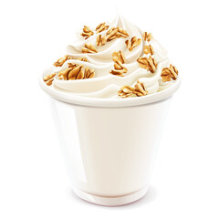 Cup of Yogurt with Granola Topping on White Background.