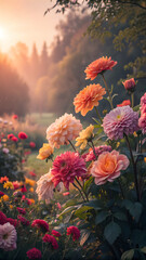 Blooming Dahlias in Vibrant Garden at Sunrise with Path Leading into Golden Light