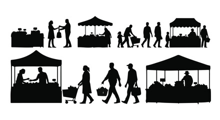 Silhouettes of people shopping at outdoor market stalls, showcasing commerce and community