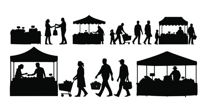 Silhouettes of people shopping at outdoor market stalls, showcasing commerce and community