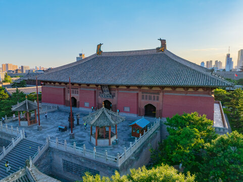 Aerial photography of Huayan Temple in Datong, Shanxi, China on a sunny summer day with fiery clouds