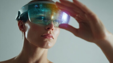 person wearing headphones interacts with holographic music control interface floating in front of them