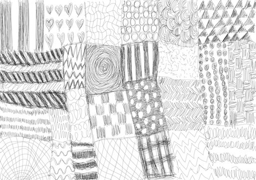 set hand drawn graphic patterns in black and white. 
Suitable for backgrounds, textile design, packaging, web design, scrapbooking paper