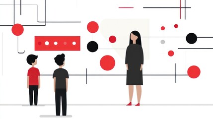 Collaboration and Connection.  Three figures observe a central figure, emphasizing teamwork and communication in a modern setting