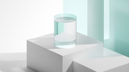 Minimalist glass cylinder with water on white geometric podiums