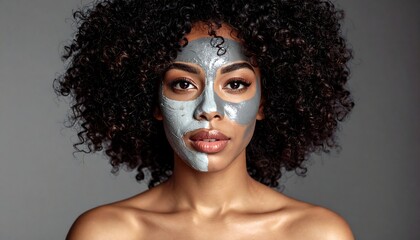 A close-up portrait depicts a beautiful, dark-skinned woman with curly hair. She is wearing a grey face mask in sections. Her eyes are open, and the expression is gentle