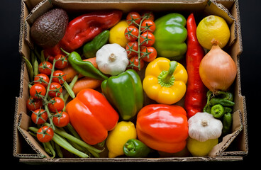 Assorted Vegetables in a Box, Peppers, Tomato, Garlic, Avocado, Lemon, Padrons, Green Pea, Onion, Carrots, Healthy Low Carb Diet