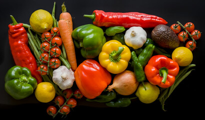 Top View of Assorted Vegetables, Peppers, Tomato, Garlic, Avocado, Lemon, Padrons, Green Pea,...