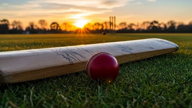 Cricket Bat and Ball at Sunset - A cricket bat and ball rest on the grass of a cricket pitch at sunset. The setting sun casts a warm glow over the scene, with cricket stumps visible in the background.