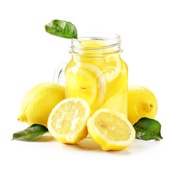 Fresh Lemonade in Glass Jar with Lemon Slices on White Background.