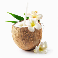 Fresh Coconut Drink with Straw and Flower Garnish on White Background.