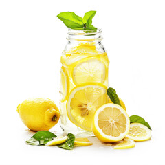 Fresh Lemonade in Glass Jar with Lemon Slices on White Background.
