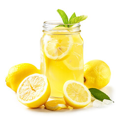 Fresh Lemonade in Glass Jar with Lemon Slices on White Background.