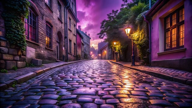 Cobblestone street with purple sky and glowing lights