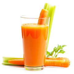 Fresh Vegetable Juice Glass with Carrot and Celery Sticks on White Background.
