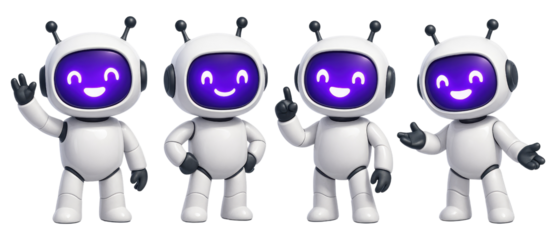 Four Friendly White Robots With Purple Glowing Faces In Various Poses android artificial intelligence isolated on a transparent background