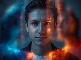 Modern man's intense gaze illuminated by vibrant futuristic blue and orange lights
