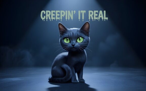 Spooky black cat with glowing green eyes and the text creepin it real in a dark, atmospheric setting with spotlights