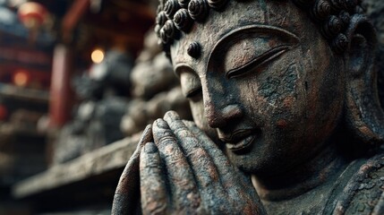 Serene Stone Buddha Statue in Quiet Reflection Amidst Cultural backdrop