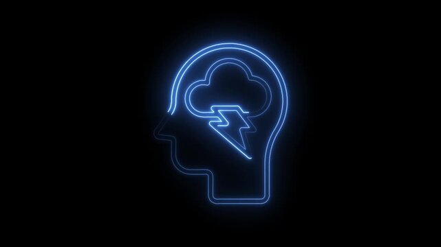 Glowing head silhouette depicting anxiety and mental storm with flashing neon lightning