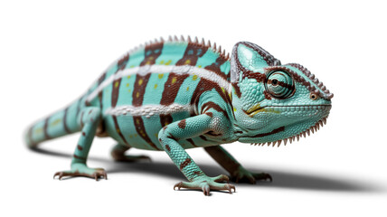 Obraz premium A beautiful panther chameleon isolated on white background, showcasing its vibrant colors and intricate patterns in a captivating studio shot