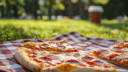A delicious pepperoni pizza slice sits on a picnic blanket in a sunny park, with greenery and blurred background, perfect for outdoor leisure.