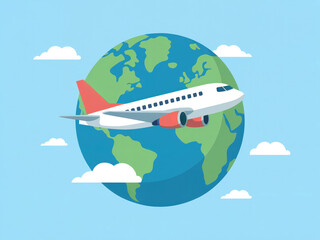 Airplane flying around globe illustration, travel and tourism concept, world journey, international flight, vacation trip, aviation industry background