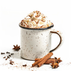 Hot Chocolate Mug with Whipped Cream and Cinnamon on White Background.