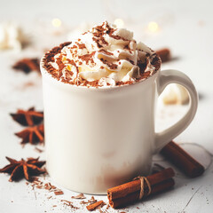 Hot Chocolate Mug with Whipped Cream and Cinnamon on White Background.