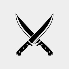 Black and white illustration of two crossed chef's knives, sharp blades.