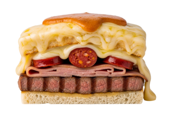 A mouthwatering, layered sandwich with melted cheese, grilled meat, and cured meats, presented in a visually appealing close-up shot.