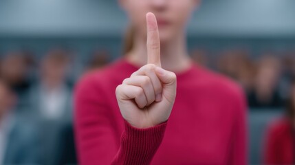 US banking system meeting, A person in a red sweater raises their index finger, signaling for attention or a request for silence in a public setting.