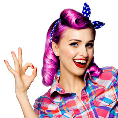 Pin up cute girl. Portrait of cheerful smiling red purple hair woman show ok okay zero cost hand sign gesture. Retro vintage ad concept. Isolated over white background. Square image