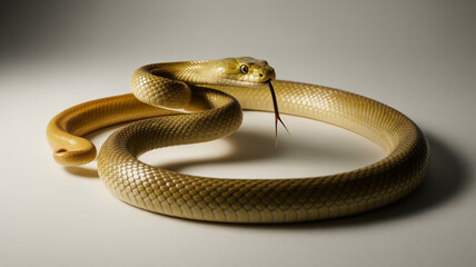 Fototapeta premium A beautiful cape cobra is coiled up on a white surface, its tongue sticking out, isolated on white background it is a venomous snake