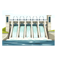 Hydroelectric Dam in Clean Vector Style on White Background.