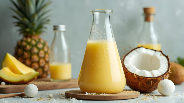 Laboratory Flask With Molecular Spheres and Tropical Essences