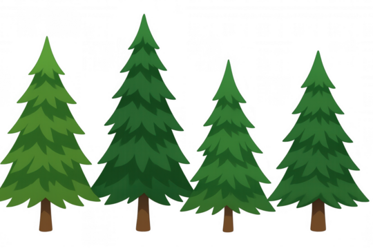 Green pine trees set, identifying evergreen forest plants, showing various conifers for nature and outdoor themes