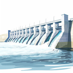Hydroelectric Dam in Clean Vector Style on White Background.