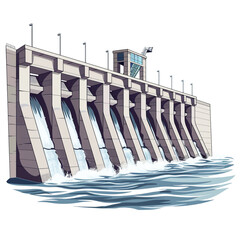 Hydroelectric Dam in Clean Vector Style on White Background.