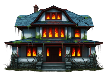 A dilapidated, two-story house, engulfed in flames, sits amidst overgrown vegetation and icicles, creating a haunting, eerie scene.