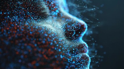 Abstract human face made of glowing particles dissolving in a network cloud, showing a futuristic concept of artificial intelligence, digital identity, big data, and virtual reality technology - Powered by Adobe