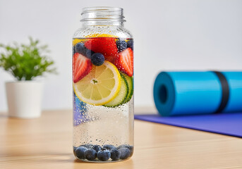 Refreshing infused water with fresh fruits and vegetables in a clear bottle beside a rolled yoga mat