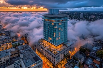 Modern hotel atop city, shrouded in mist